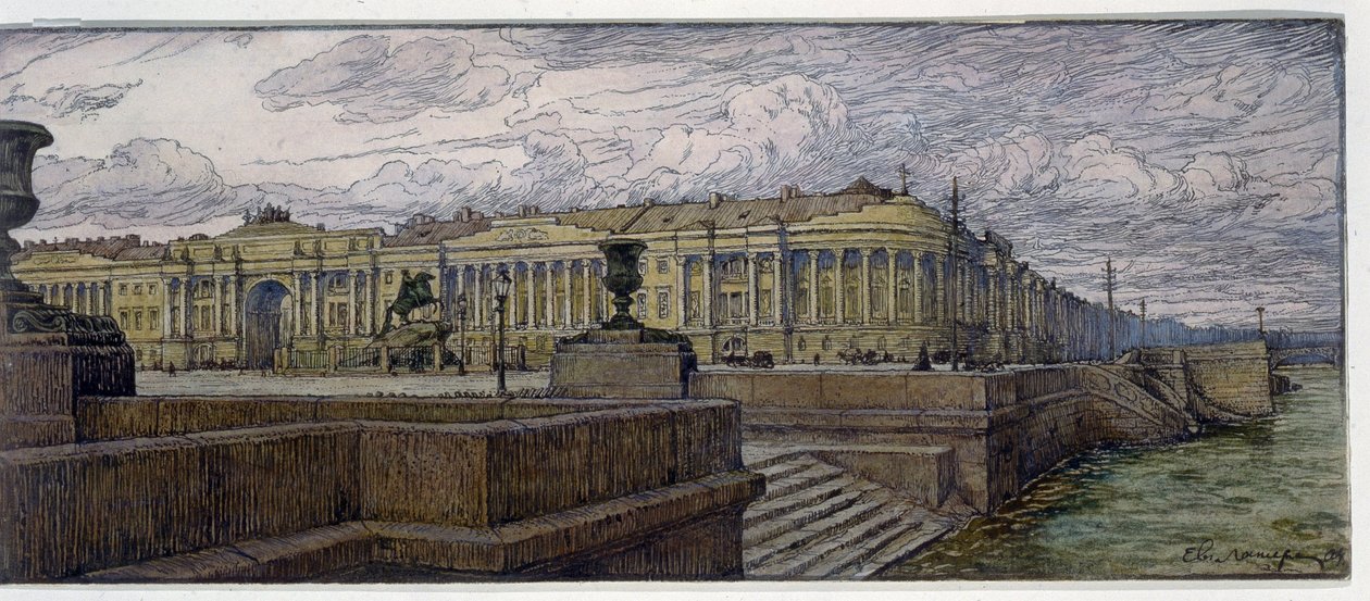 Senatet i St. Petersburg. Beskrivelse av bygninger på bredden av Neva. Verk av Evgeny Evgenyevich Lanceray (Eugene Lansere) (1875-1946), litografi av Evgeni Evgenievitch Lanceray