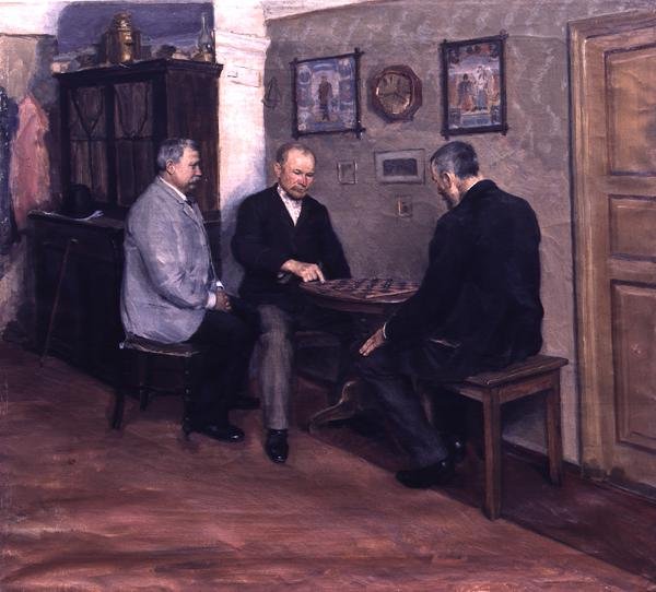 Chess Match (olje på lerret) av Evgeniy Iosipovich Bukovetsky