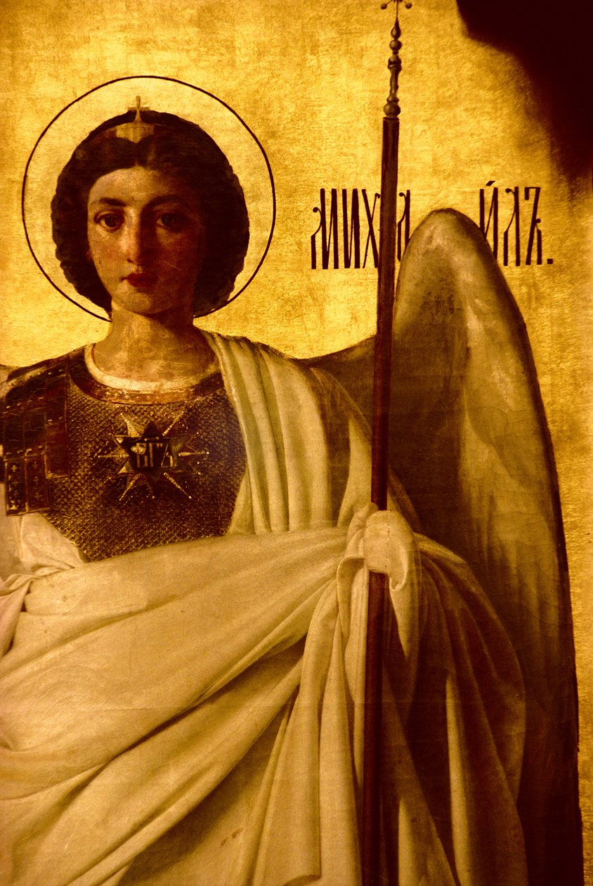 Detalj av ikonostasen som viser erkeengelen St. Michael, 1861 olje på panel se 248115, 248116 og 252660 av Evgraf Sorokine