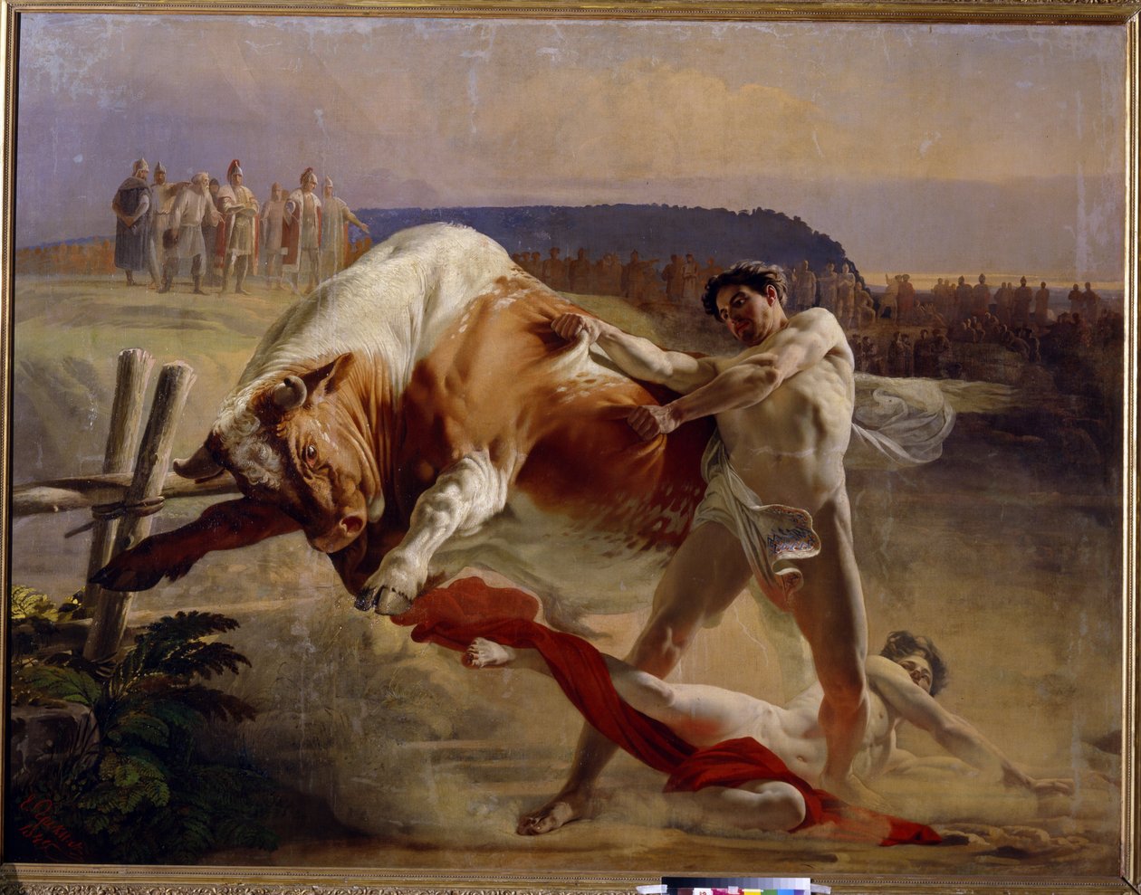 Oppgjøret til Jan (Ian) Usmar (Usmovich, Usmoshvets). (The Trial of Strength of Yan Usmovets). Tradisjonell russisk legendarisk helt, satt på prøve av storhertug Vladimir (cirka 960-1015) for å stoppe en okse med bare hender. Maleri av Yevgraf Se av Evgraf Sorokine