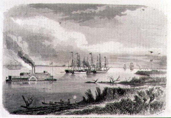 En dampbåt og en slepebåt på Mississippi, gravert av Stephane Pannemaker (1847-1930) (gravering) av Evremond de (after) Berard