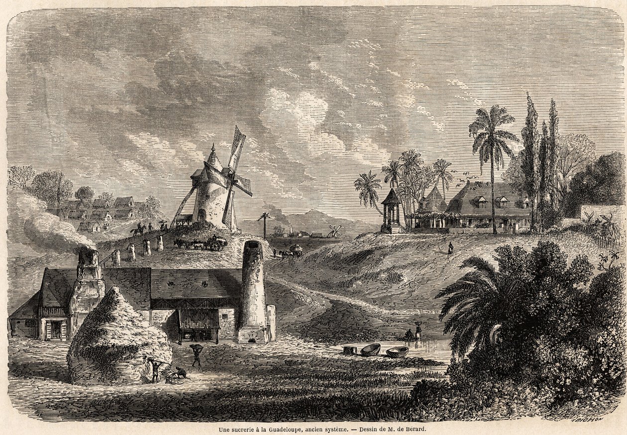 En sukkerfabrikk i Guadeloupe, tegning av Auguste de Berard (1824-1881), for å illustrere reisene til Vestindia, i 1858-1859, av Anthony Trollope (1815-1882). Gravering i "" Le tour du monde, nouveau journal des voyages"" Paris av Evremond de (after) Berard