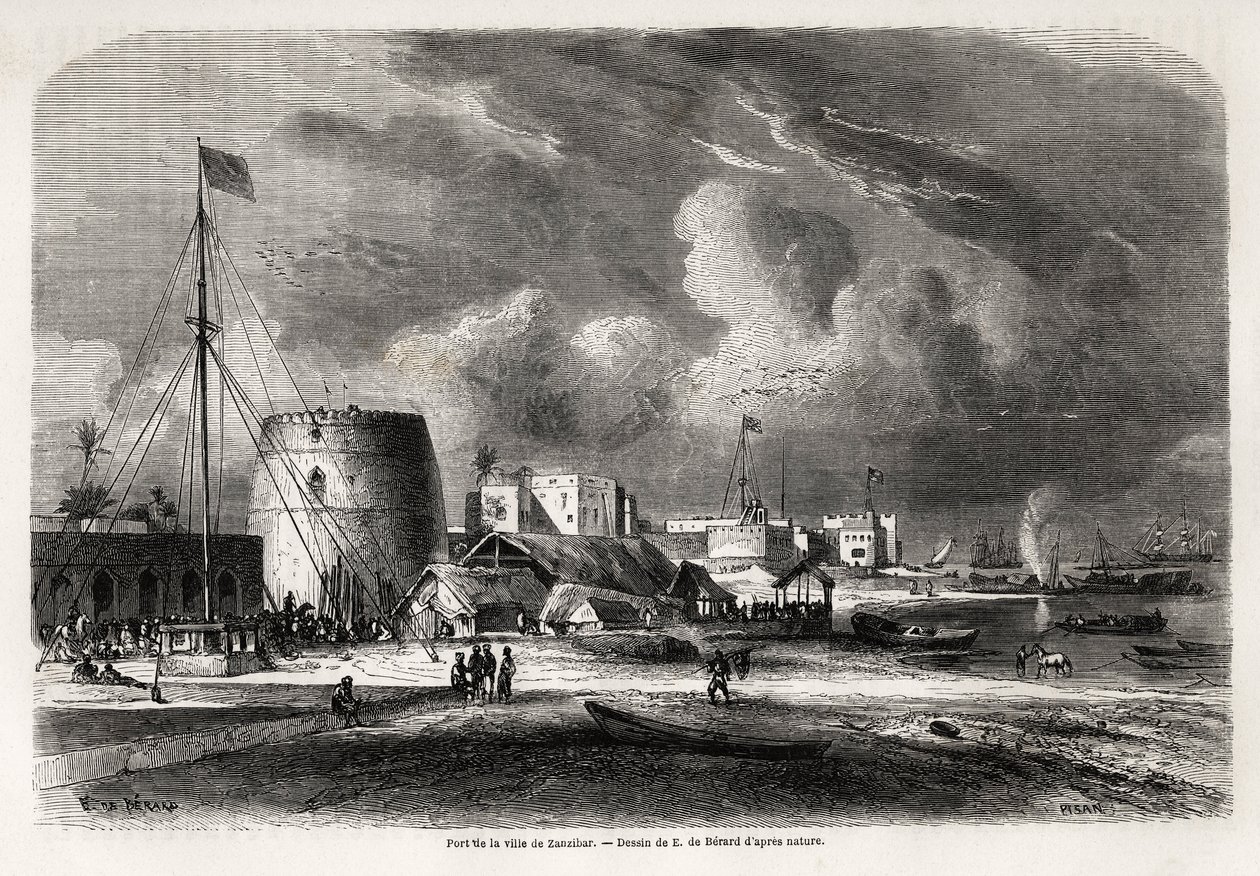 Havnen i byen Zanzibar (dagens Tanzania), tegning av Evremond de Berard (1824-1881), for å illustrere kaptein Burtons reise til de store innsjøene i Øst-Afrika i 1857-1859. Gravering i "" Le tour du monde, nouveau journal des voyages"" Paris av Evremond de (after) Berard