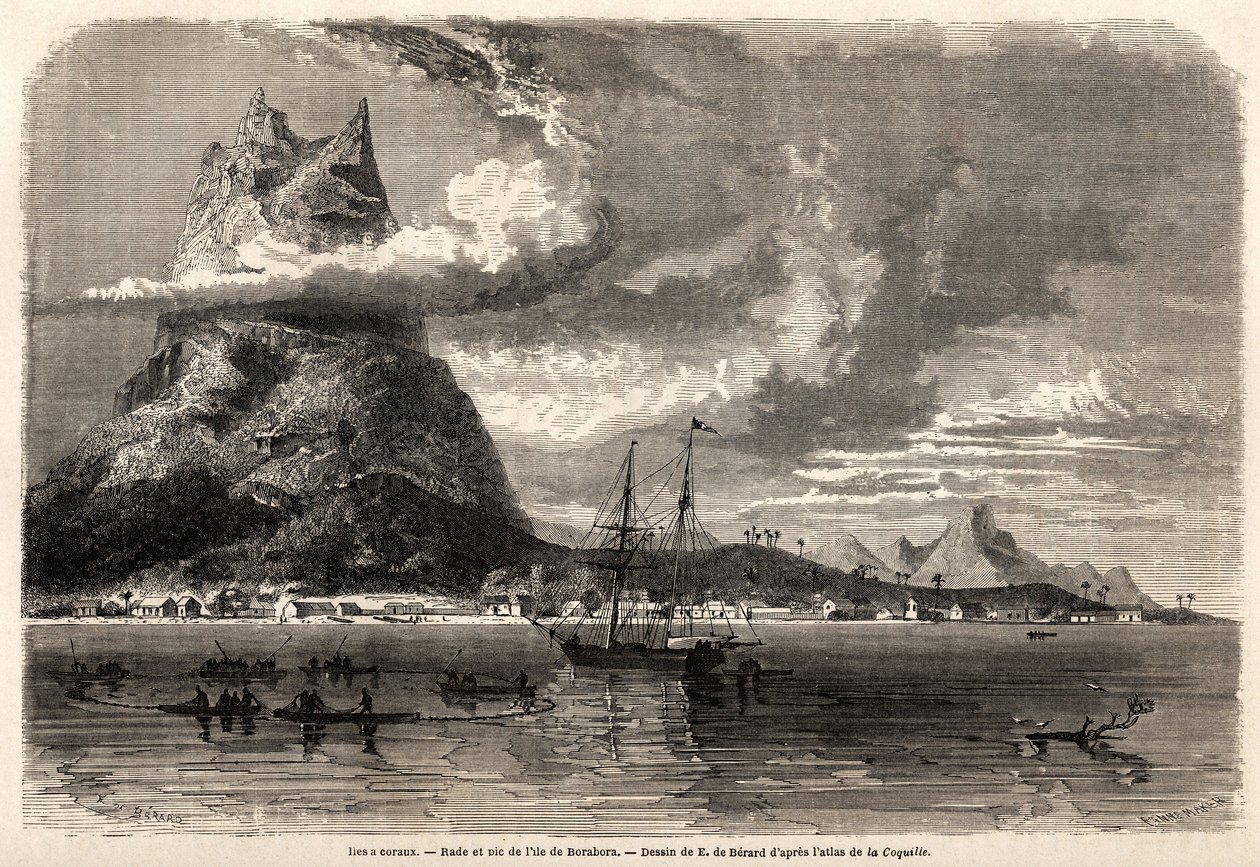 Rade og toppen av øya Borabora, tegning av Evremond Auguste de Berard (1824-1881), for å illustrere reisen til en naturforsker i Galapagos-øygruppen og koralløyene, i 1858 av Charles Darwin (1809-1882). Gravering i "" Le tour du mond av Evremond de (after) Berard