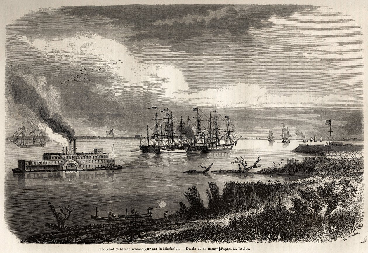 Skip og slepebåt på Mississippi, tegning av Evremond Auguste de Berard (1824-1881), for å illustrere reisen til New Orleans i 1855 av Elysee (Elisee) Reclus (1830-1905). Gravering i "" Le tour du monde, nouveau journal des voyages"" Paris av Evremond de (after) Berard