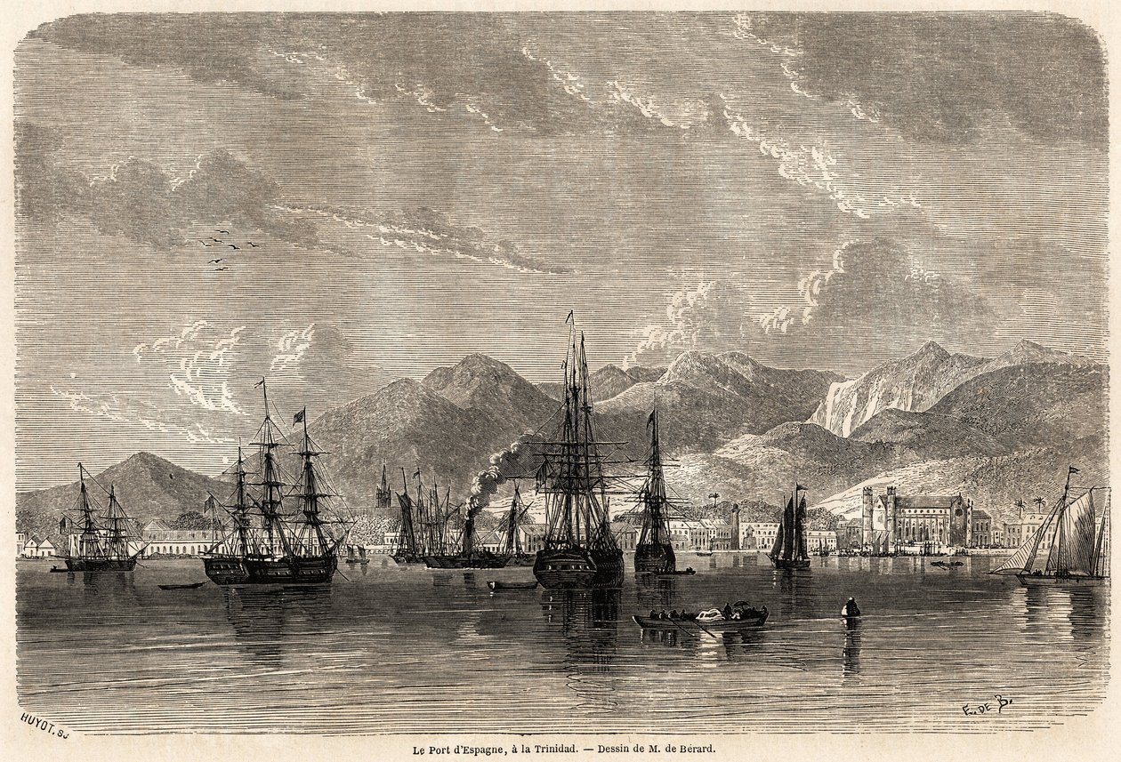 Spanias havn, i Trinidad (Trinidad og Tobago), tegning av Evremond Auguste de Berard (1824-1881), for å illustrere reisene til Vestindia, i 1858-1859, av Anthony Trollope (1815-1882). Gravering i "" Le tour du monde, nouveau journal des voya av Evremond de (after) Berard