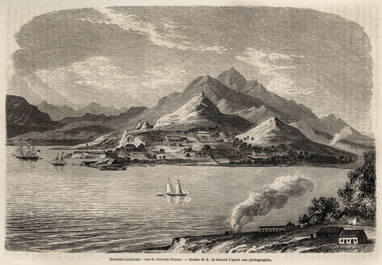 Utsikt over Port of France, New Caledonia, tegning av Evremont de Berard (1824-1881), for å illustrere Victor de Rochas' reise til New Caledonia i 1859. Gravering i “” Le tour du monde”” 1861. Selvas samling. av Evremond de (after) Berard