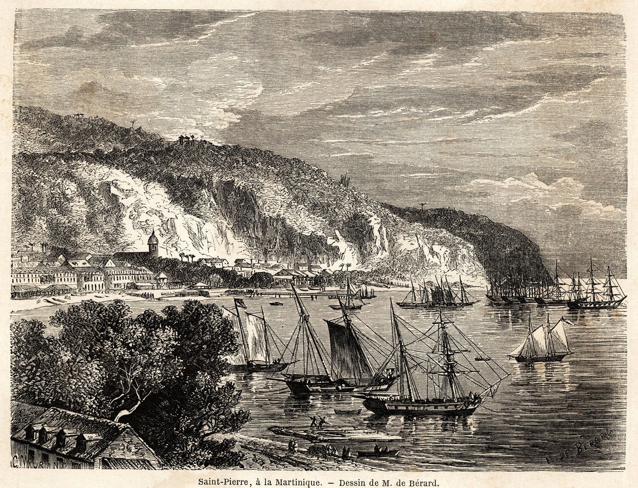 Utsikt over Saint Pierre, på Martinique, tegning av Auguste de Berard (1824-1881), for å illustrere reisene til Vestindia, i 1858-1859, av Anthony Trollope (1815-1882). Gravering i "" Around the world, new travel journal "" Paris av Evremond de (after) Berard