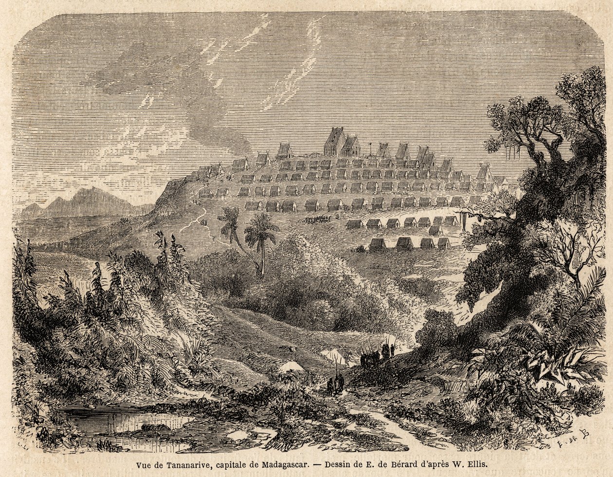 Utsikt over Tananarive, Madagaskars hovedstad, tegning av Evremond de Berard (1824-1881), for å illustrere Ida Pfeiffers reise til Madagaskar i 1857. Gravering i “” Le tour du monde”” 1861. Selvas samling. av Evremond de (after) Berard