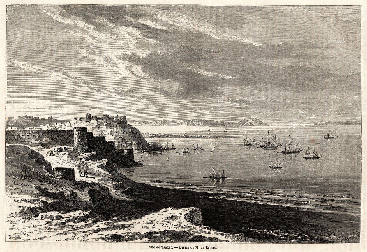 Utsikt over Tangier (Marokko), tegning av Evremond de Berard (1824-1881), for å illustrere M.F.Schicklers reisenotater til Marokko. Gravering i "" Le tour du monde, nouveau journal des voyages"" Paris av Evremond de (after) Berard