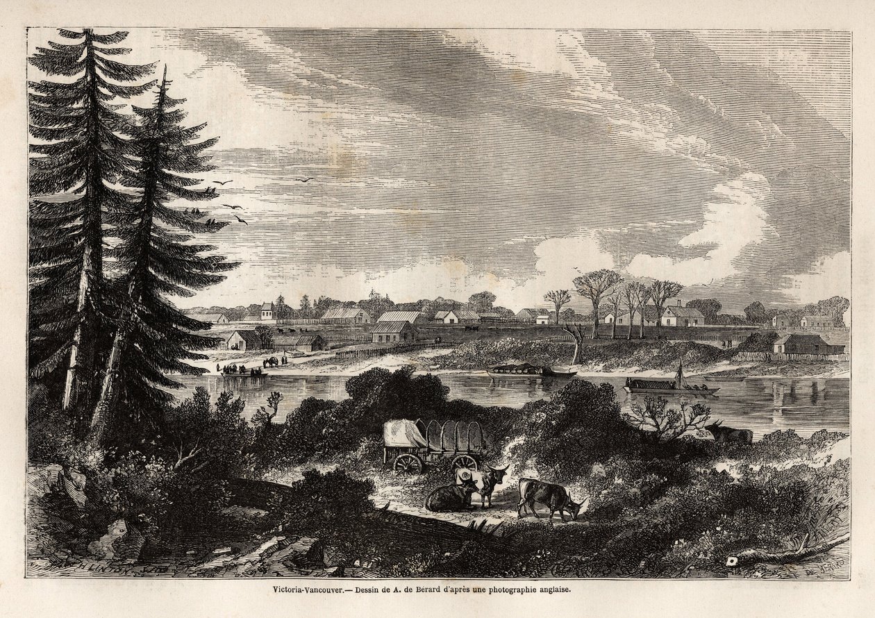Utsikt over Victoria-Vancouver, hovedstaden i British Columbia, tegning av Auguste de Berard (1824-81), for å illustrere utforskningen av Rocky Mountains i 1857-59 av kaptein John Palliser. Gravering i "" Le tour du monde, nouveau journal des voyages"" Par av Evremond de (after) Berard