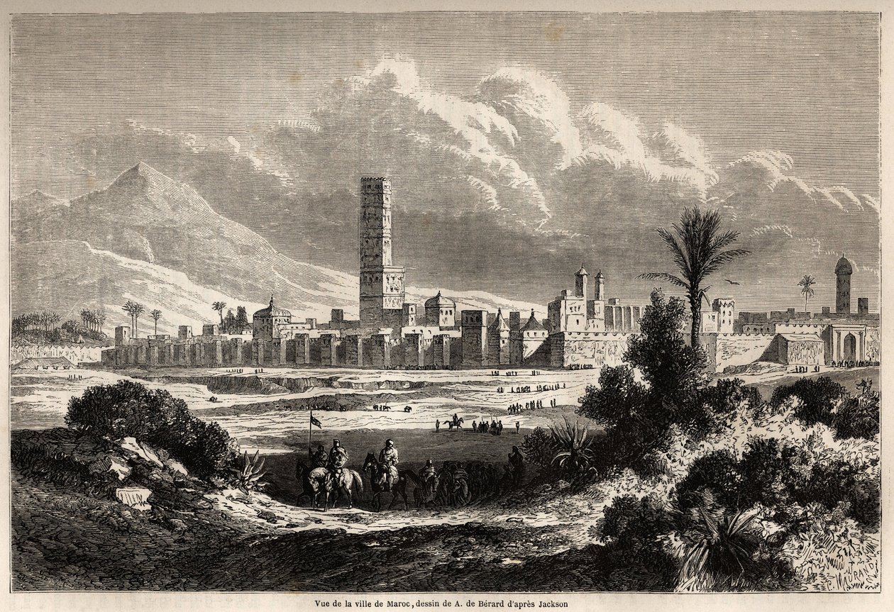 Utsikt over byen Marrakech (tidligere Marokko), tegning av Auguste de Berard (1824-1881), for å illustrere Mr.F. Schicklers reise til Marokko i 1860. Gravering i "" Le tour du monde, nouveau journal des voyages"" Paris av Evremond de (after) Berard