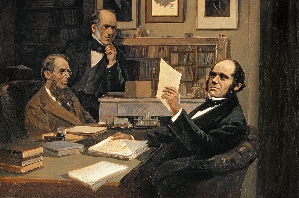 Joseph Hooker (1817-1911), Charles Lyell (1797-1875) og Charles Robert Darwin (1809-82) av Evstafieff