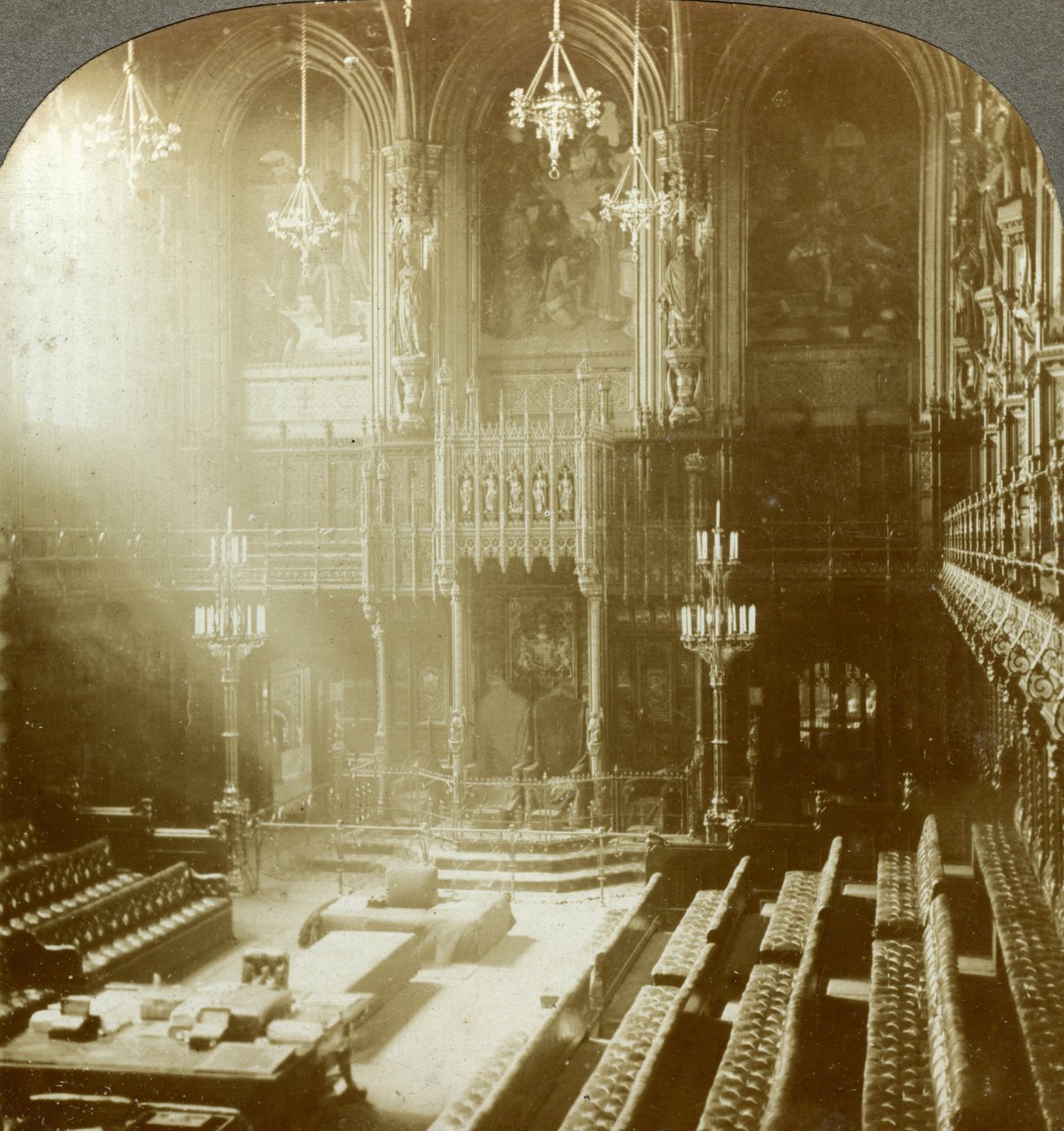 Interiør i House of Lords, Westminster, London. av Excelsior Stereoscopic Tours
