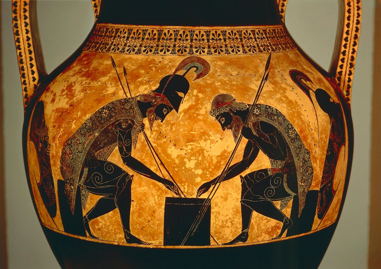 Attic svart-figur amfora som viser Achilles og Ajax som spiller terninger, fra Vulci, ca. 540-530 f.Kr. (keramikk) (detalj) av Exekias Exekias