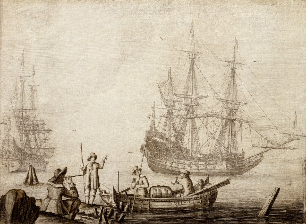 Menn i en båt nær to nederlandske skip av Experiens Sillemans