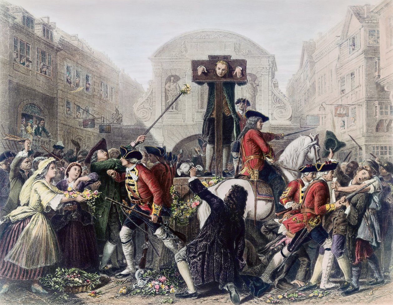 Utsikt over Daniel Defoe (1660-1731) i stolpen ved Temple Bar omgitt av en folkemengde (se også 230551) av Eyre Crowe