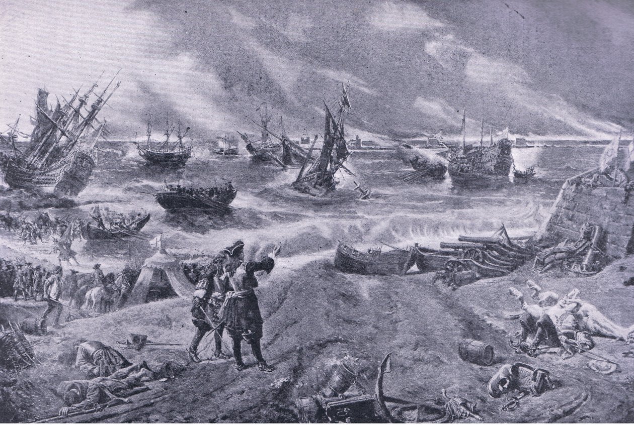 James II ved slaget ved La Hogue, 23. mai 1692, illustrasjon fra British Battles on Land and Sea, 1915 av Eyre Crowe