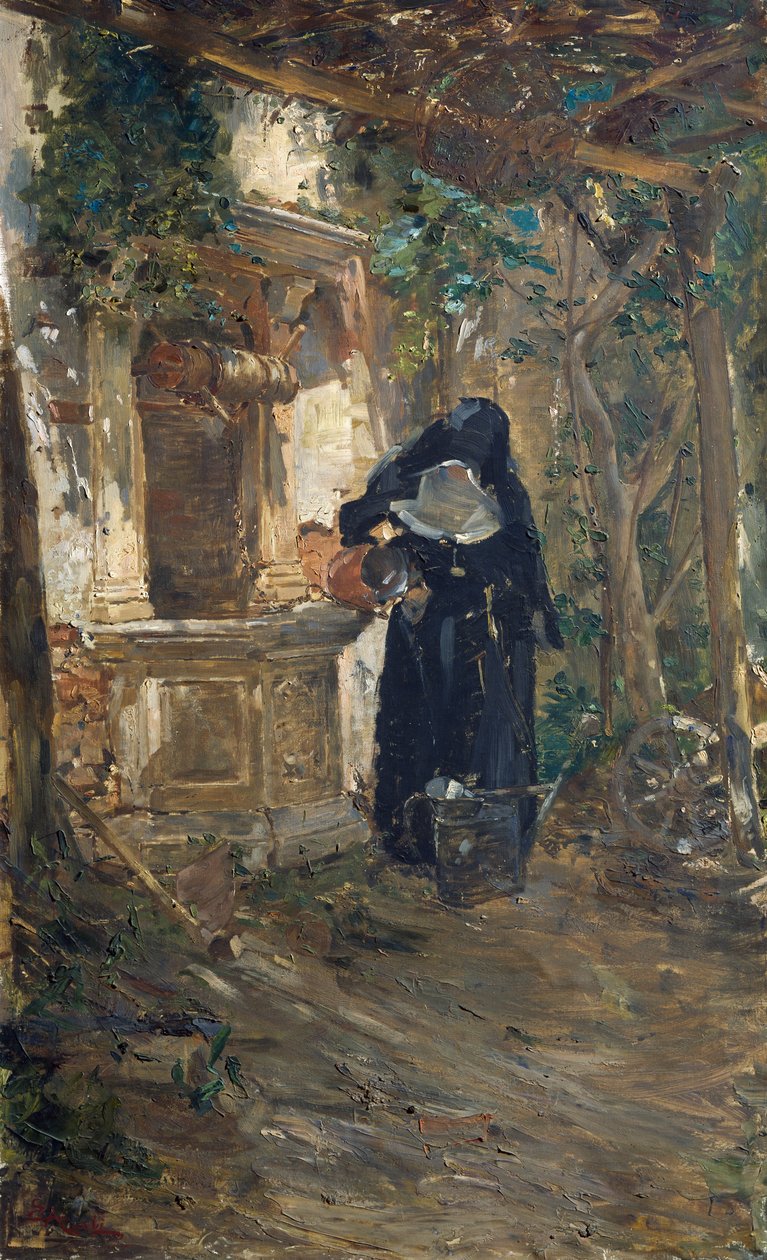 Nonne ved brønn, av Ezechiele Acerbi (1850-1920), olje på lerret, 92,5x57,5 cm av Ezechiele Acerbi