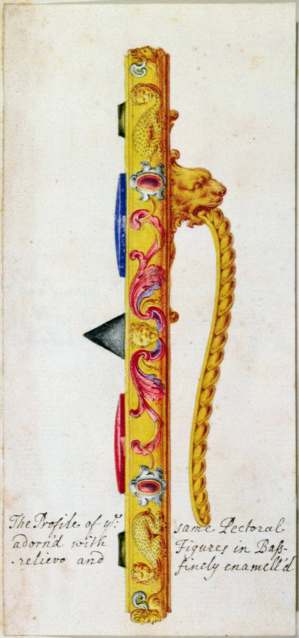 Sidevisning av en brystprydnad av gull og juveler laget for pave Clement VII av Cellini i ca. 1523-34 (detalj fra 18061) av F. Bertoli
