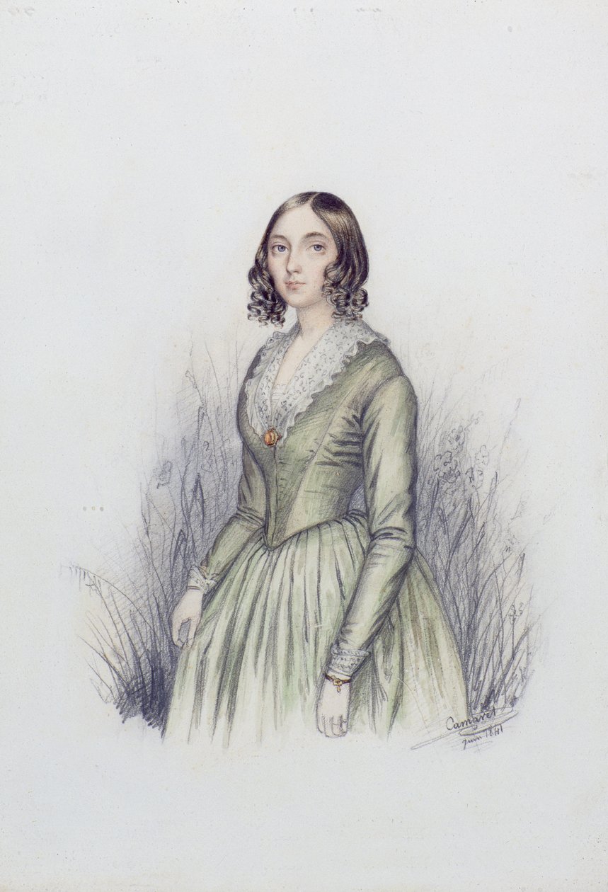Portrett av en ung dame i en grønn kjole, 1841 (wc og blyant på papir) av F. Camaret