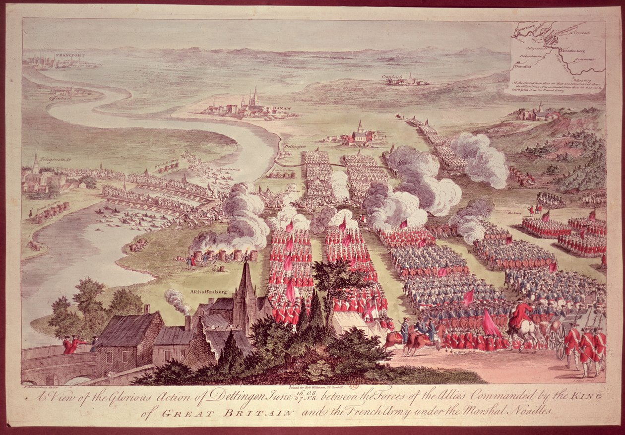A View of the Glorious Action of Dettingen, 16.-27. juni 1743, mellom styrker til de allierte kommandert av kongen av Storbritannia og den franske hæren under marskalk Noailles (1678-1766), graverer av F. Daremberg