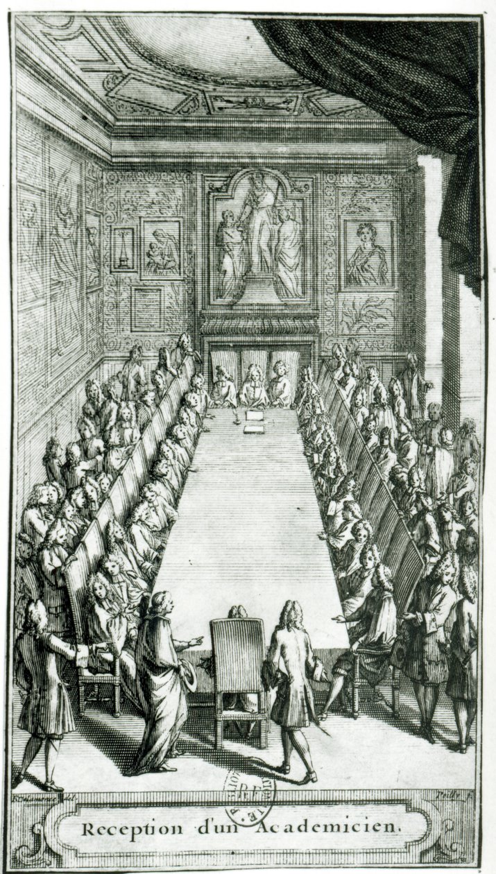 Mottakelse av et medlem av det franske akademiet, gravert av Francois Poilly (1622-83) av F. Delamonce