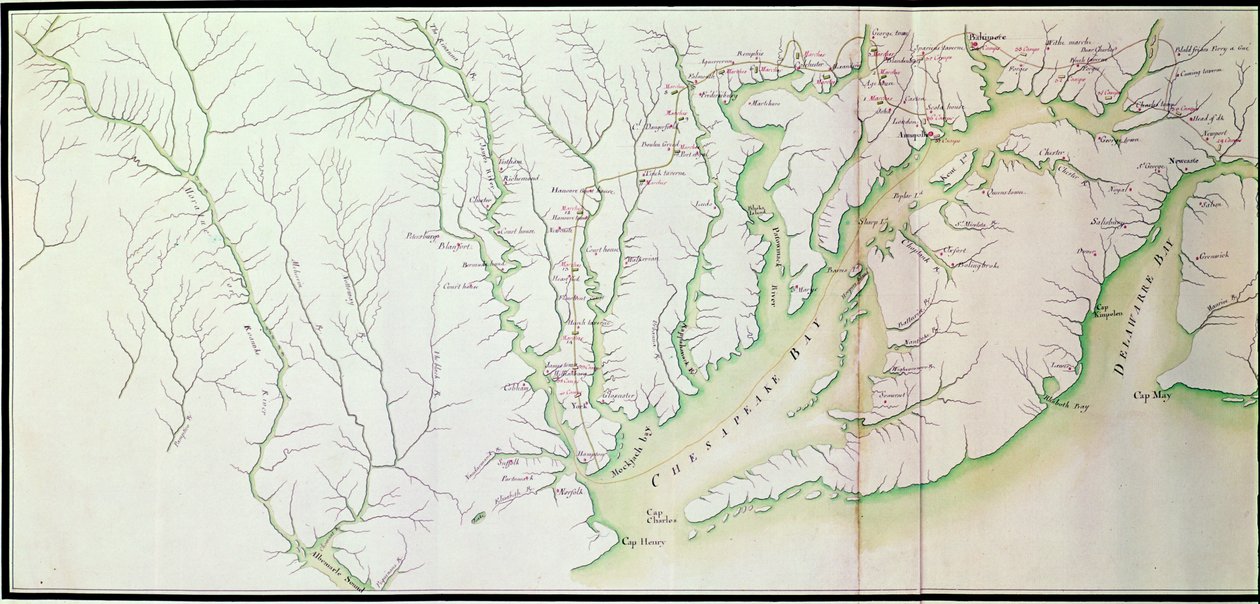 Generelt kart over leirene og marsjen til hæren i Amerika på ordre fra Rochambeau, detalj på venstre side, fra Guerre de lAmerique, ca. 1780-81 fargegravering se også 440787 av F. Dubourg