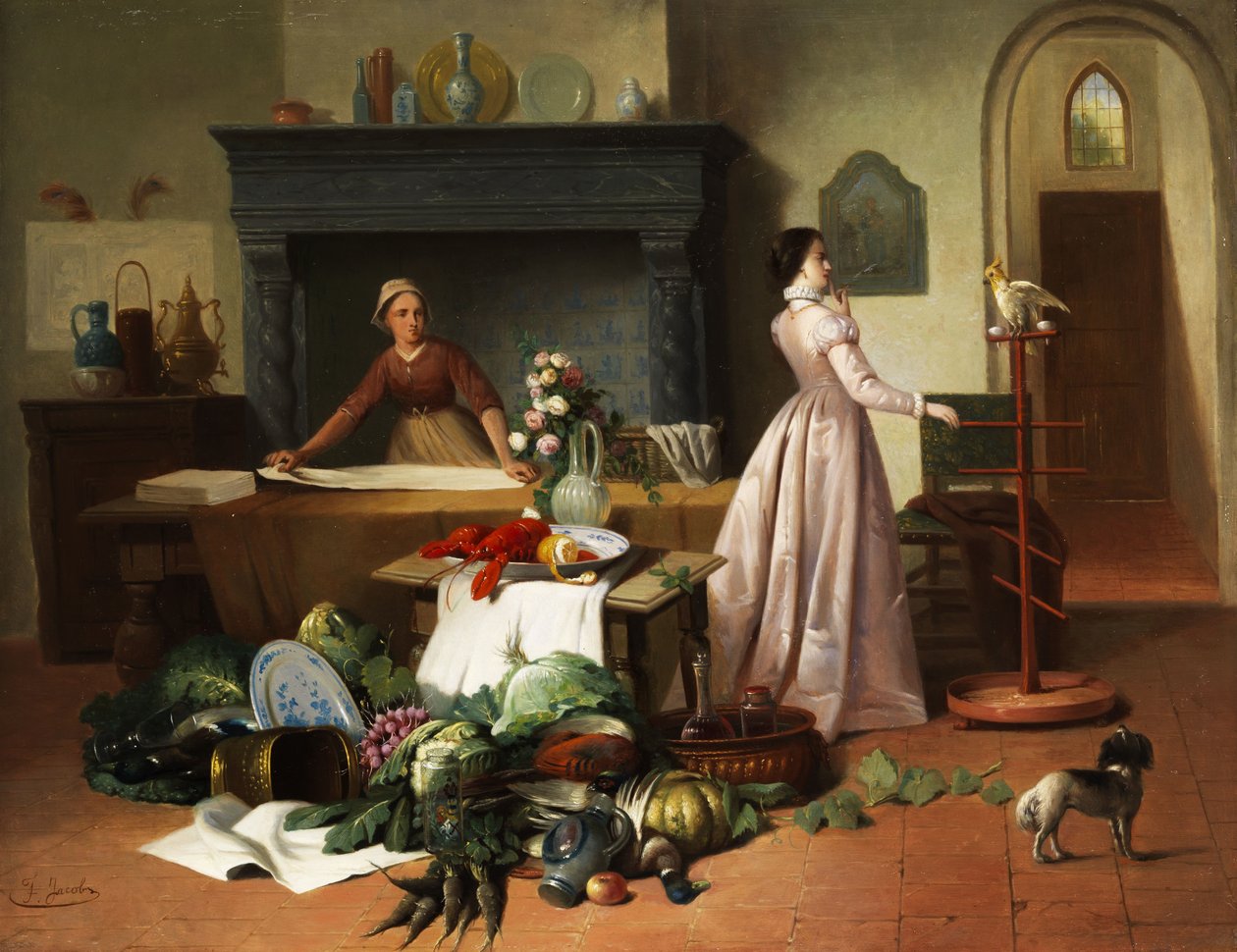 Elegant dame med kakadue i et interiør med stillebenarrangement av F. Jacobs
