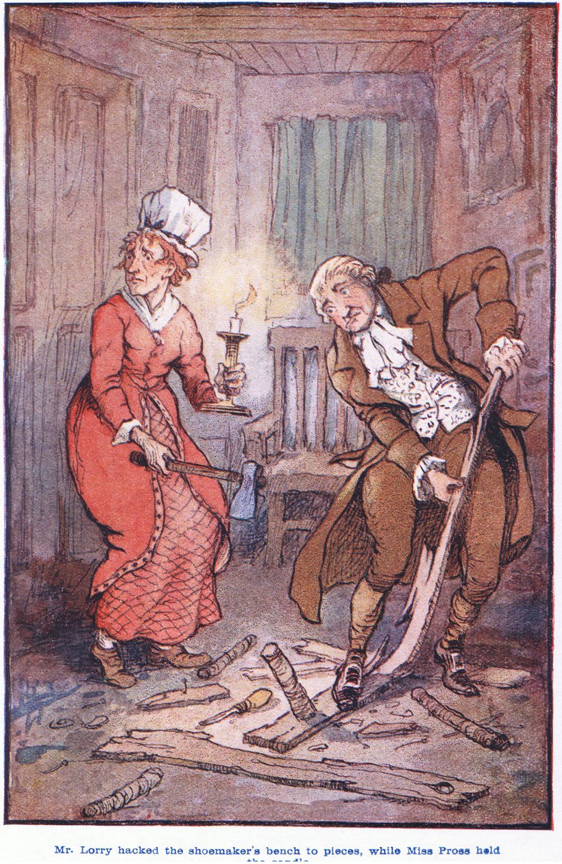 Mr Larry hakket skomakerbenken i stykker, mens frøken Pross holdt stearinlyset av F. M. B. Blaikie