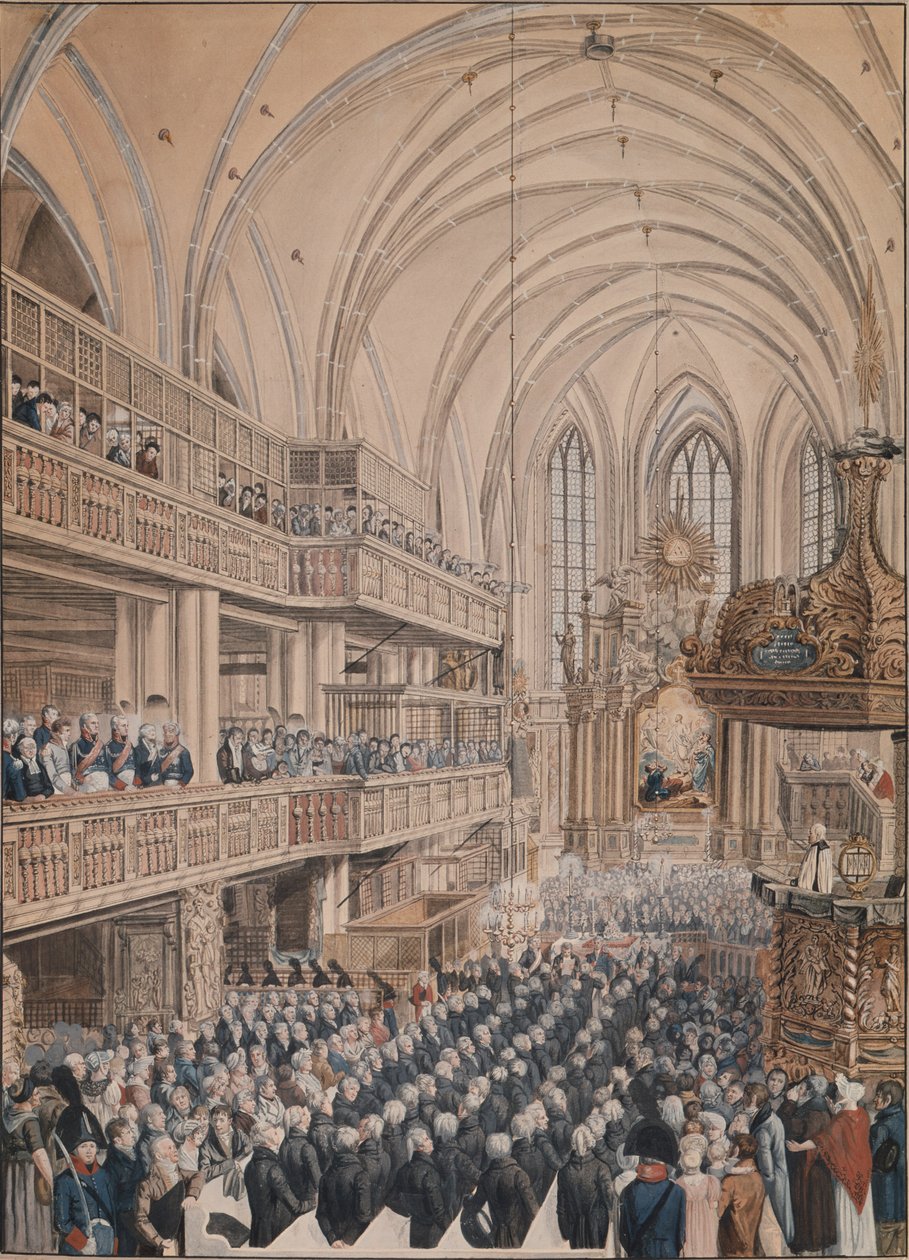 Innvielsen av byrådene i St. Nicholas-kirken, 1808 (penn og blekk og wc på papir) av F.A. Calau