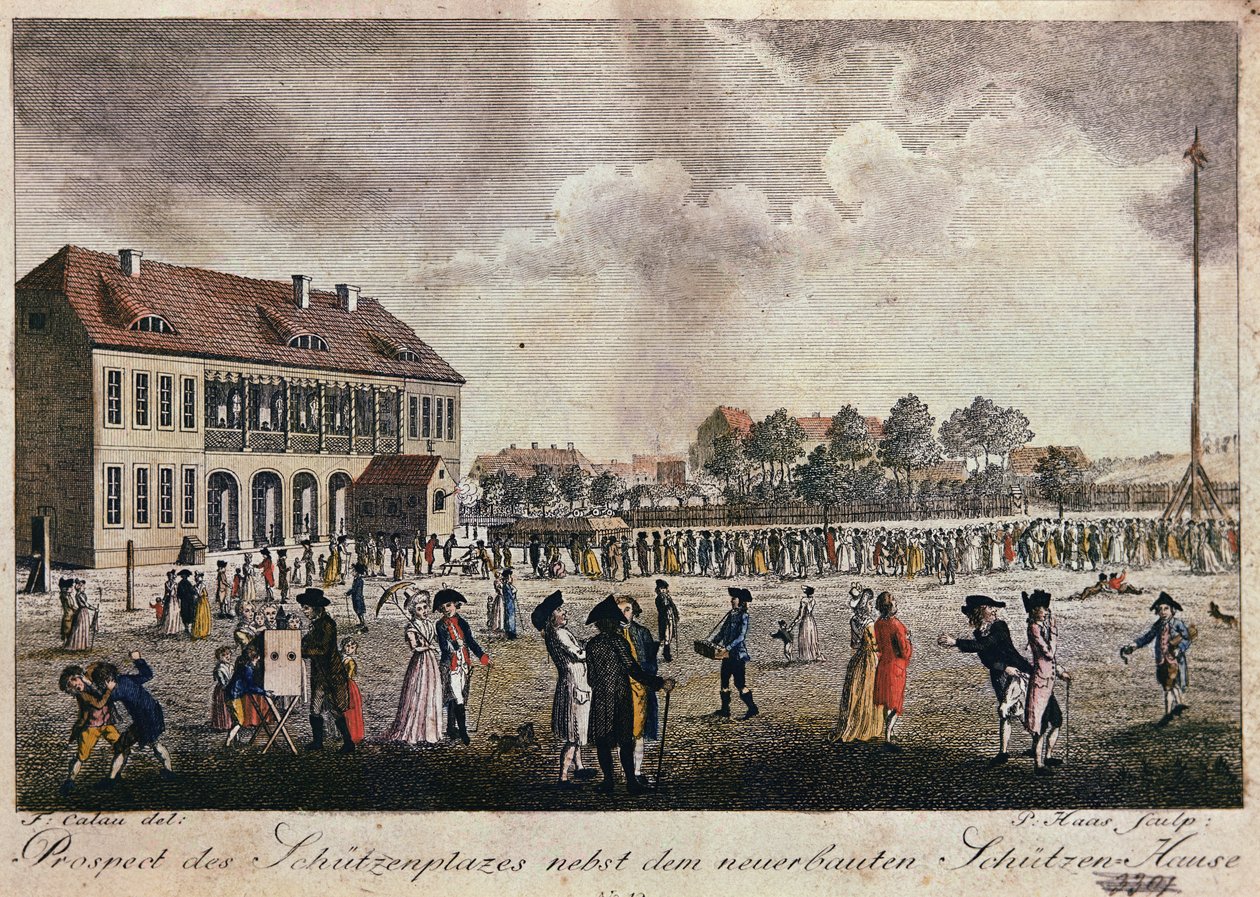 Utsikt over det nybygde klubbhuset og torget, Berlin (håndfarget etsning) av F.A. Calau