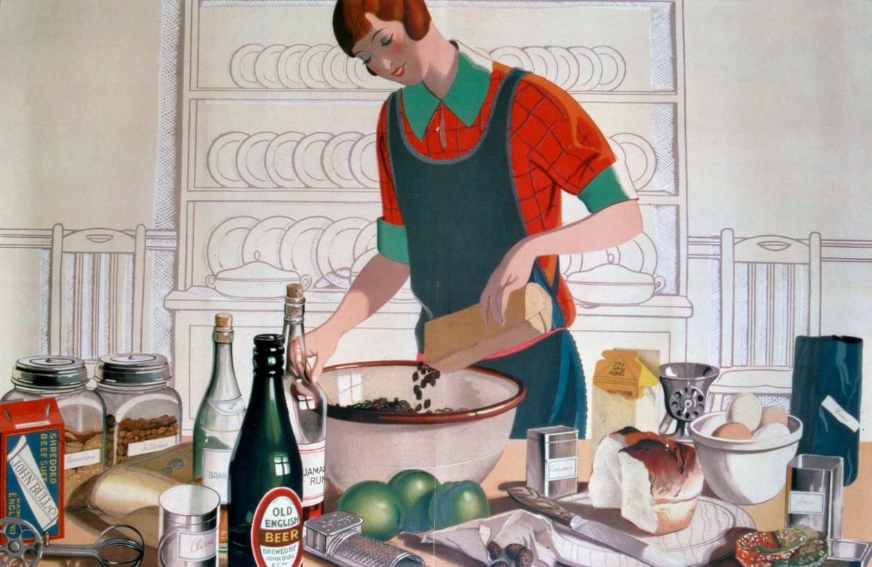 Lage Empire Christmas Pudding, ca. Fargelitografi fra 1920-tallet av FC Harrison