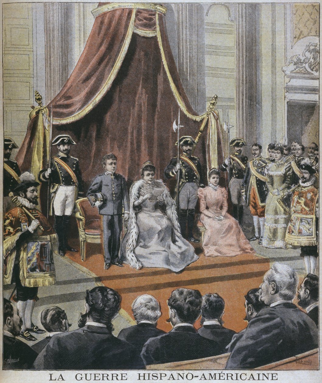 Spansk-amerikansk krig i Spania, dronningen leste sin melding til Cortes, Madrid, illustrasjon fra 'Le Petit Journal', Supplement illustre, 8. mai 1898 av F.L. and Tofani, Oswaldo Meaulle