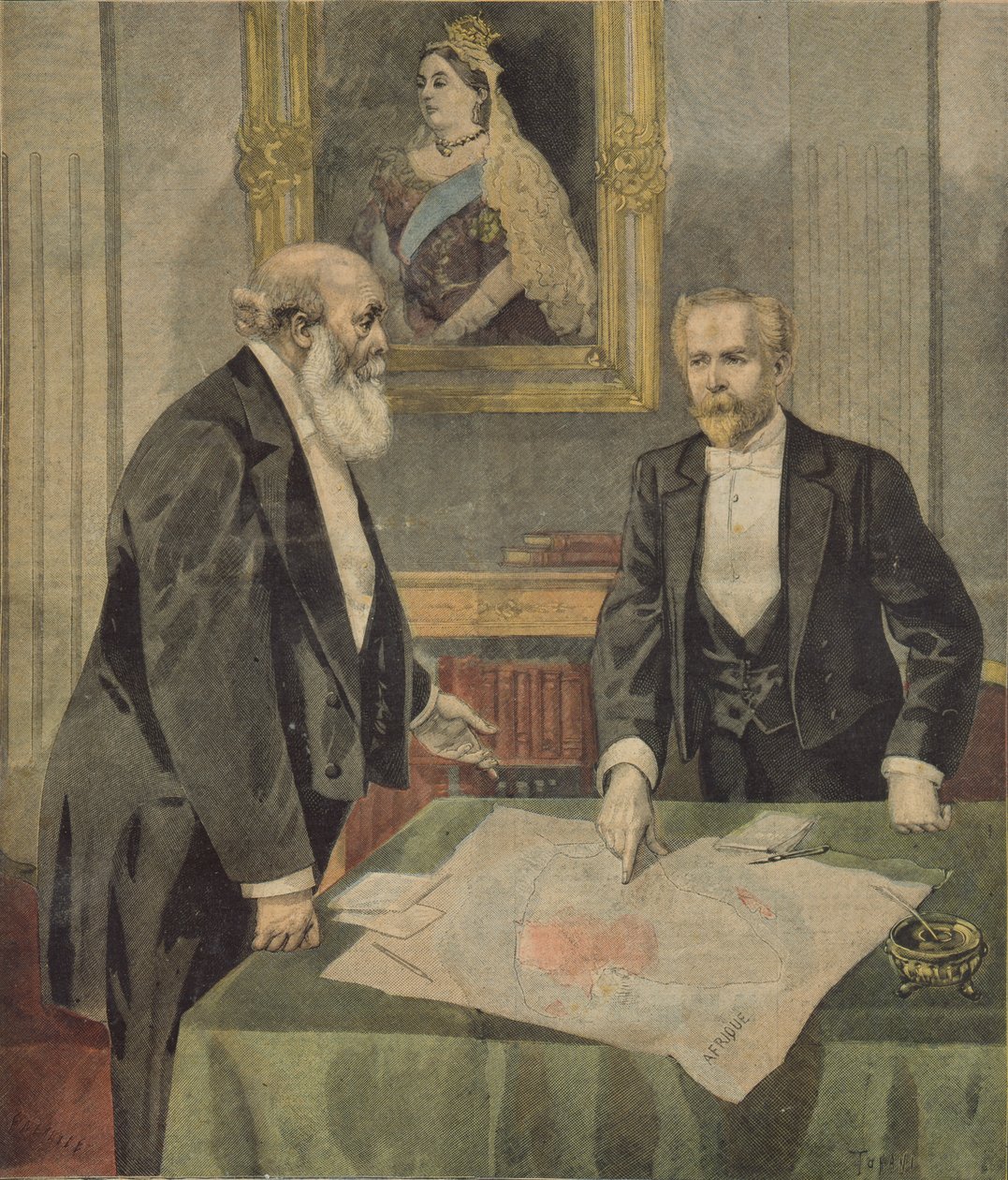Anglo-fransk konvensjon signert i London av Paul Cambon (1843-1924) den franske ambassadøren, og Lord Salisbury (1830-1904) den britiske statsministeren, fra Le Petit Journal, 9. april 1899 (farget en av F.L. and Tofani, Oswaldo Meaulle
