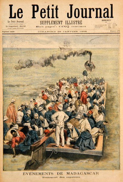 Hendelser på Madagaskar: Repatrieringen av franske tropper, illustrasjon fra Le Petit Journal, 20. januar 1896 (fargegravering) av F.L. and Tofani, Oswaldo Meaulle