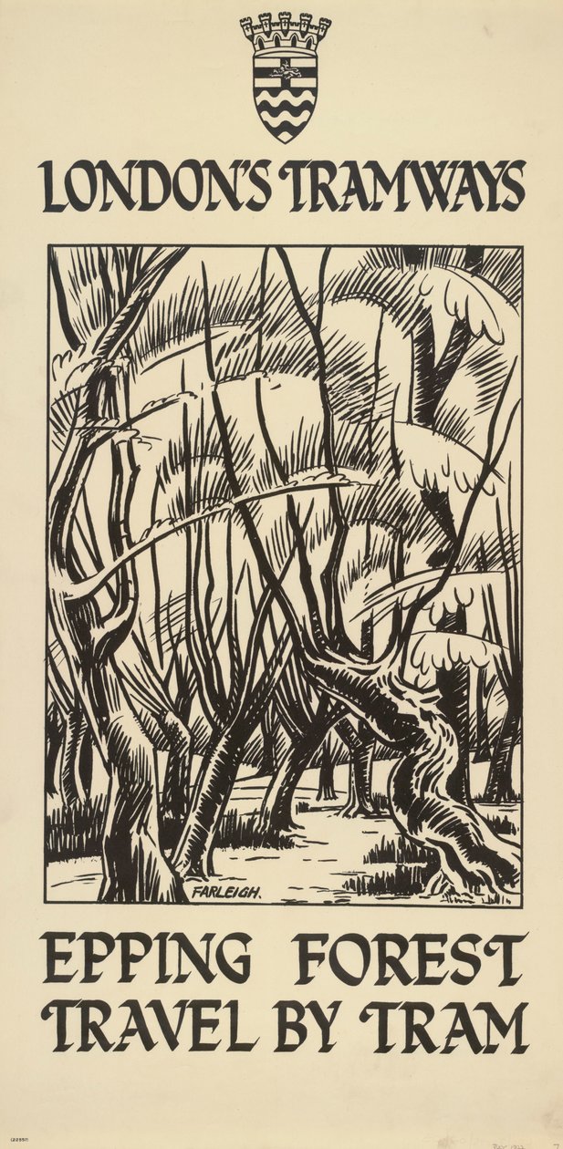 'Epping Forest, Travel by Tram', London County Council LCC Tramways-plakat, 1922 av FW Farleigh