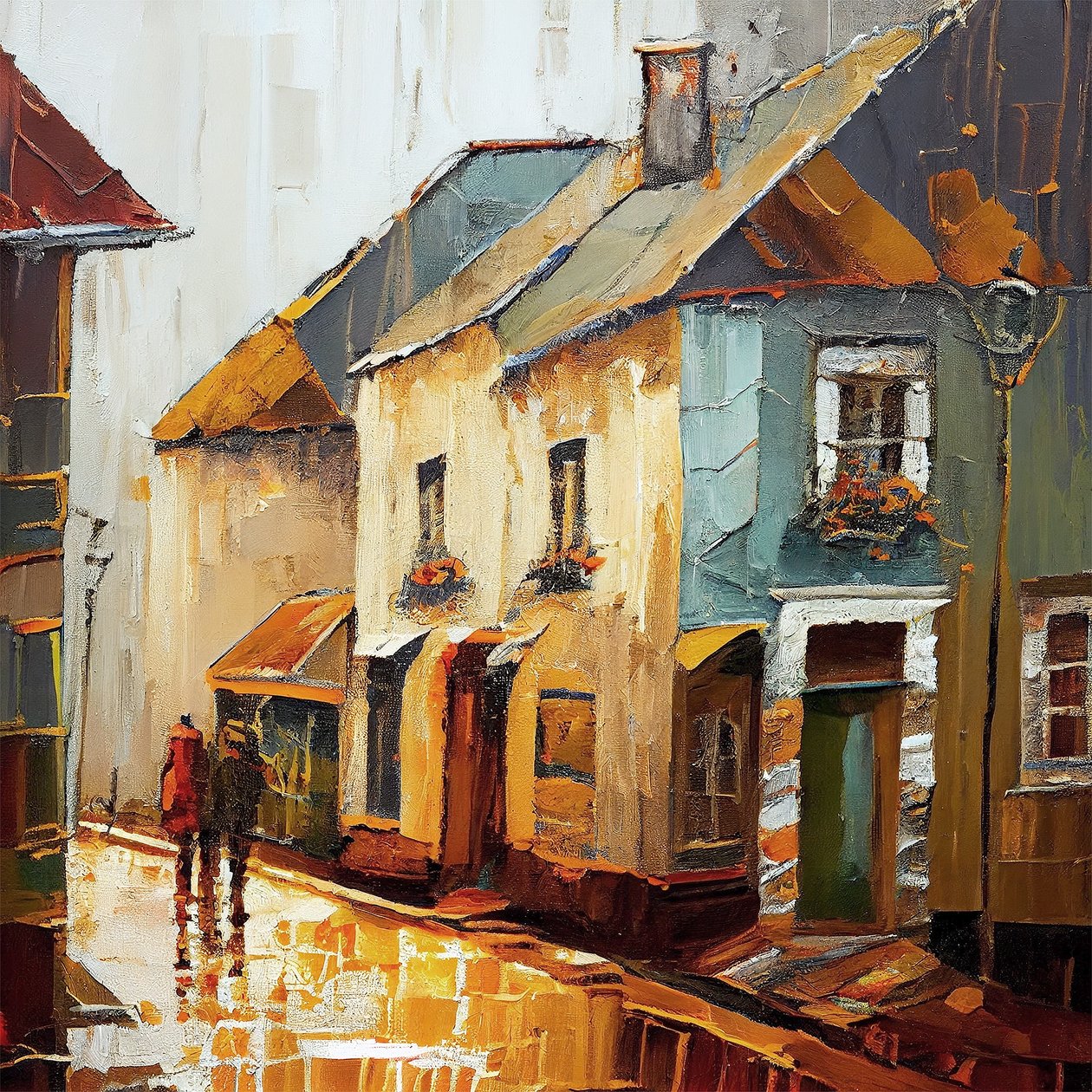 A Country Village Street, abstrakt maleri på lerret, veggkunsttrykk av F. Abderrahim