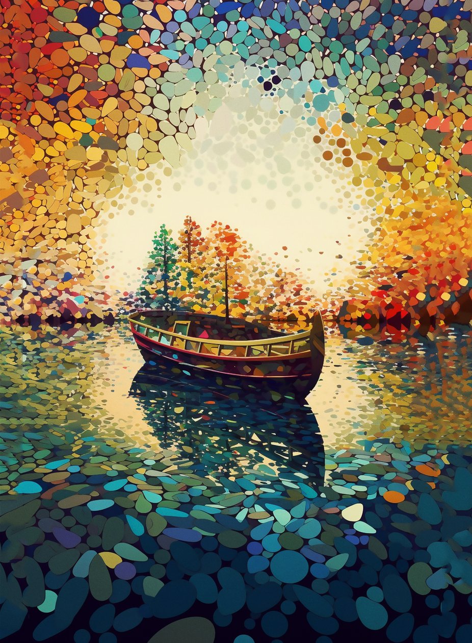 En båt på en innsjø kalejdoskopisk, utskrivbar kaleidoskopkunst, veggkunsttrykk av F. Abderrahim
