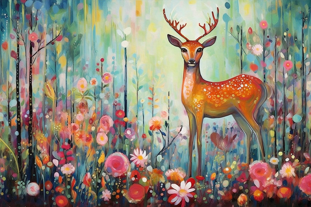 Et hjortedyr i naturen og blomster, lyse farger, innrammede veggkunsttrykk av F. Abderrahim