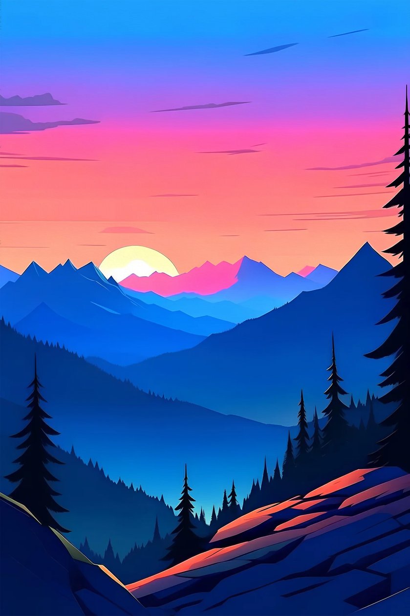 Et landskap med solnedgang og fjelltopper, blå og lilla farger i et vertikalt lerret av F. Abderrahim