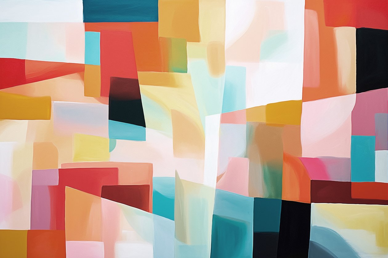 Abstrakt geometrisk maleri for hall veggdekor varme farger, kunsttrykk av F. Abderrahim