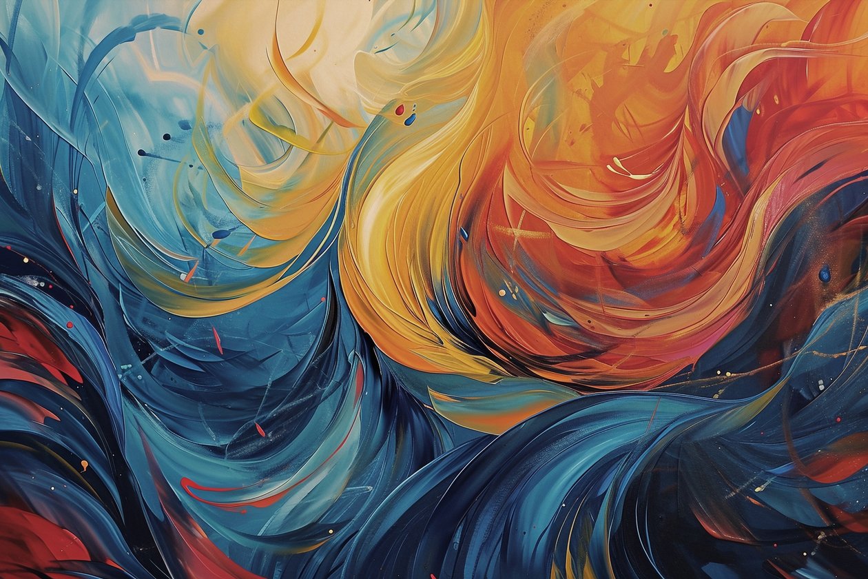 Abstrakt maleri komposisjon i Waves of Orange, Blue amp; Yellow, kunsttrykk av F. Abderrahim