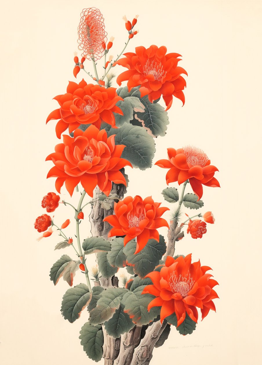 Abstrakt kaktus med blomster, japansk treblokk, innrammede veggkunsttrykk av F. Abderrahim