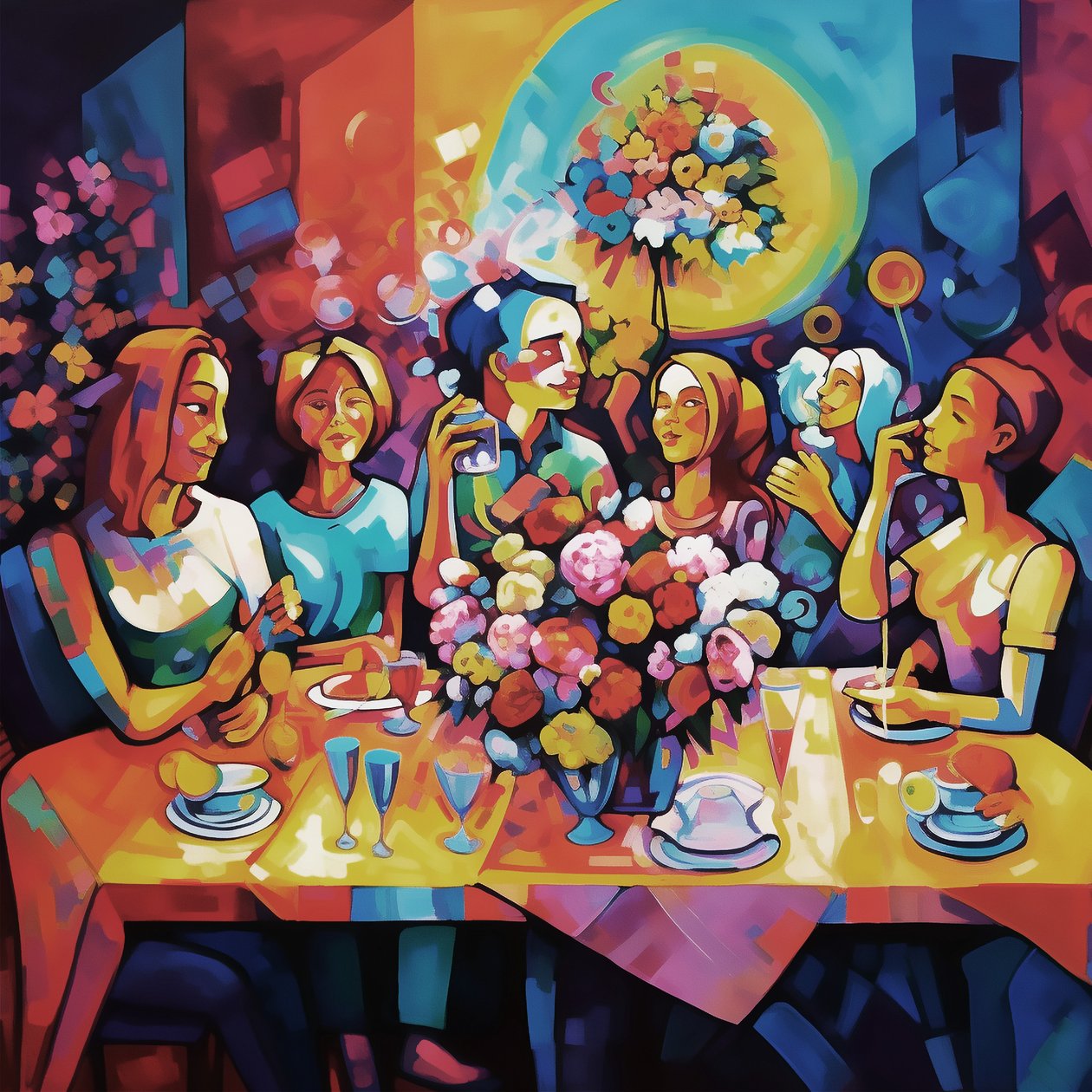 Abstrakt illustrasjon, glad familiemiddag, full farge, veggkunsttrykk av F. Abderrahim
