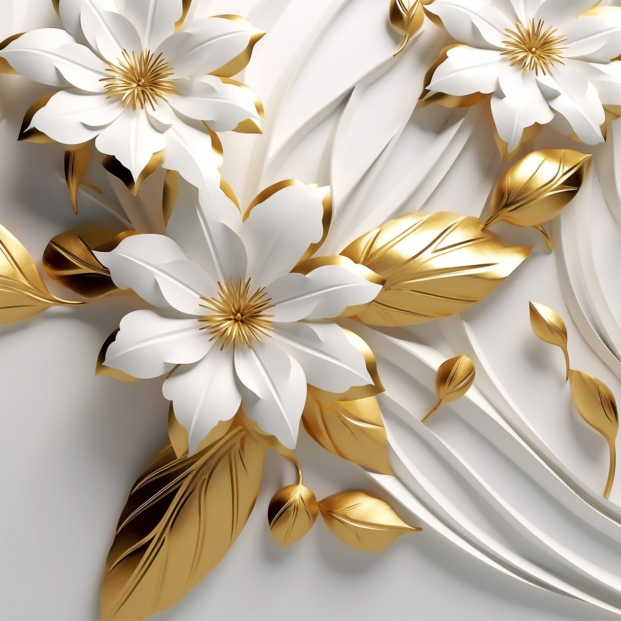 Abstrakte blader og hvite blomster, gylden tekstur, veggkunsttrykk av F. Abderrahim