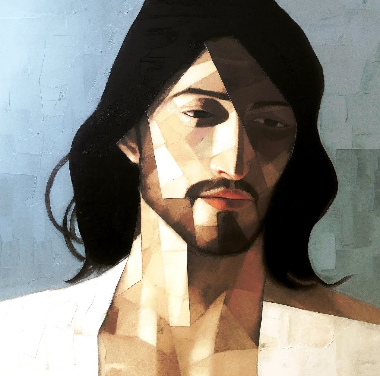 Abstrakt minimalistisk portrettmaleri av Jesus Kristus til salgs, Veggkunst | Lerretstrykk av F. Abderrahim