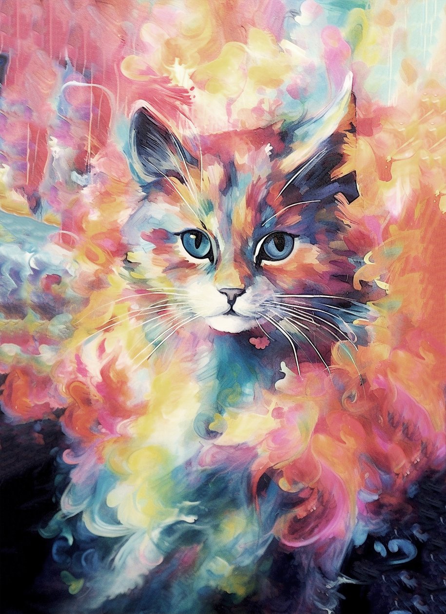 Abstrakt maleri av et kjæledyr, en katt i lyse, livlige farger, veggkunsttrykk av F. Abderrahim