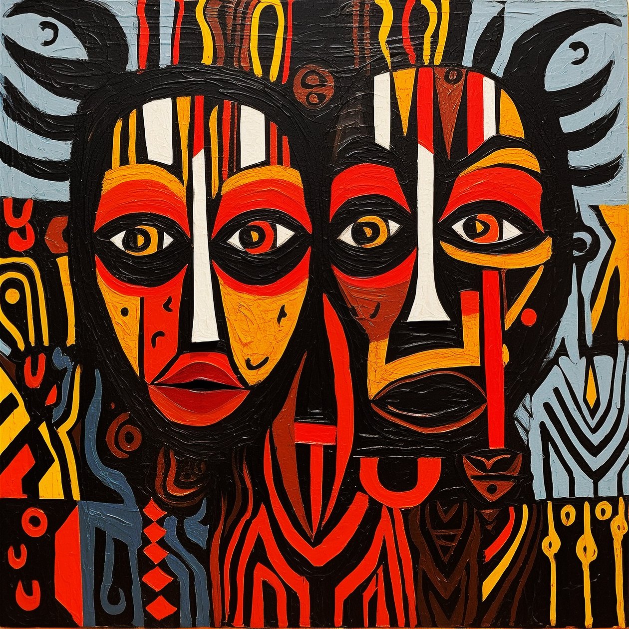 Afrikanske stammeansikter, maleri i Picasso-stil, kunsttrykk på lerret på veggen av F. Abderrahim