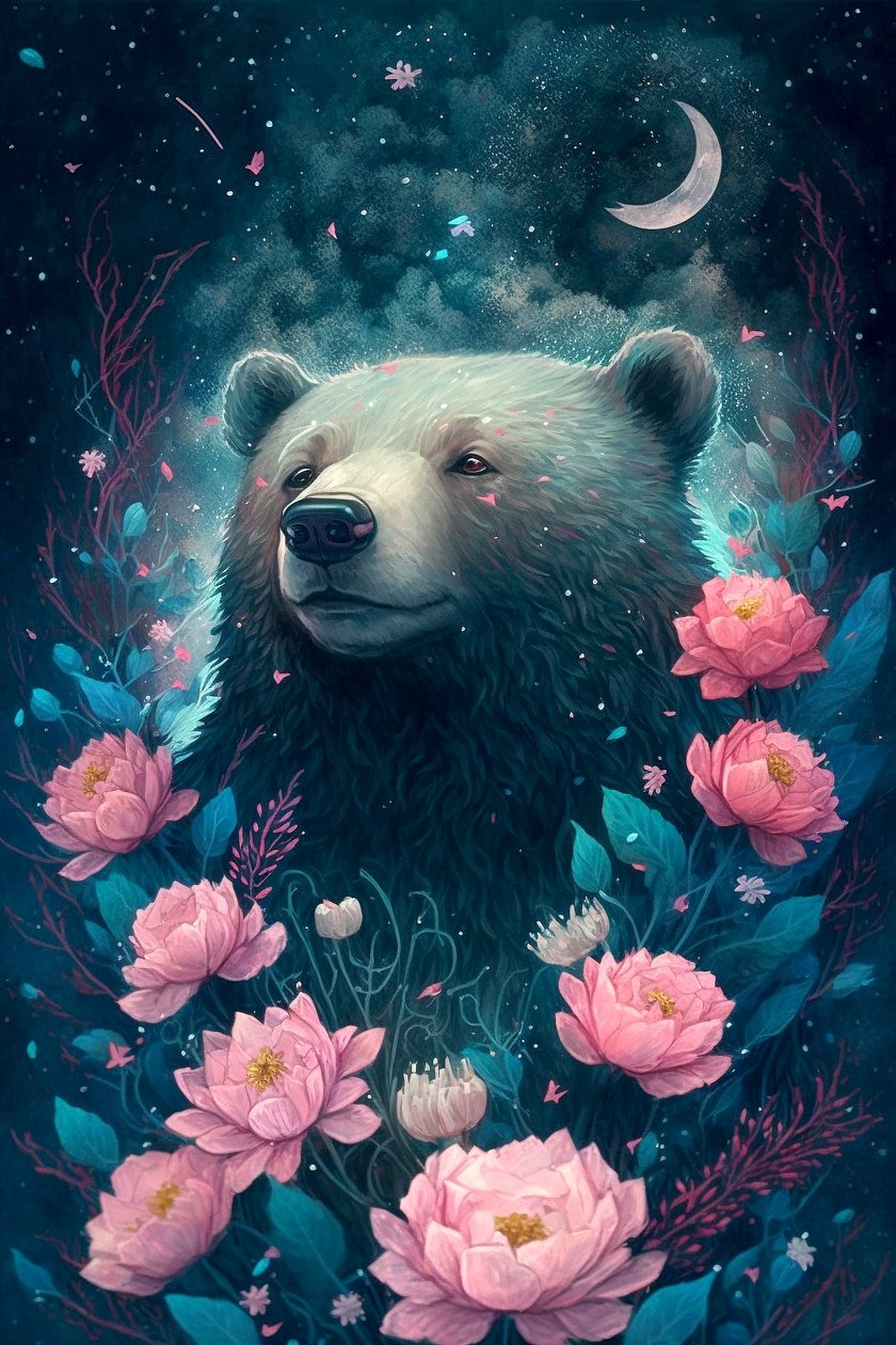 Bjørn i en fantasidrømmescene omgitt av blomster, innrammede plakater av F. Abderrahim